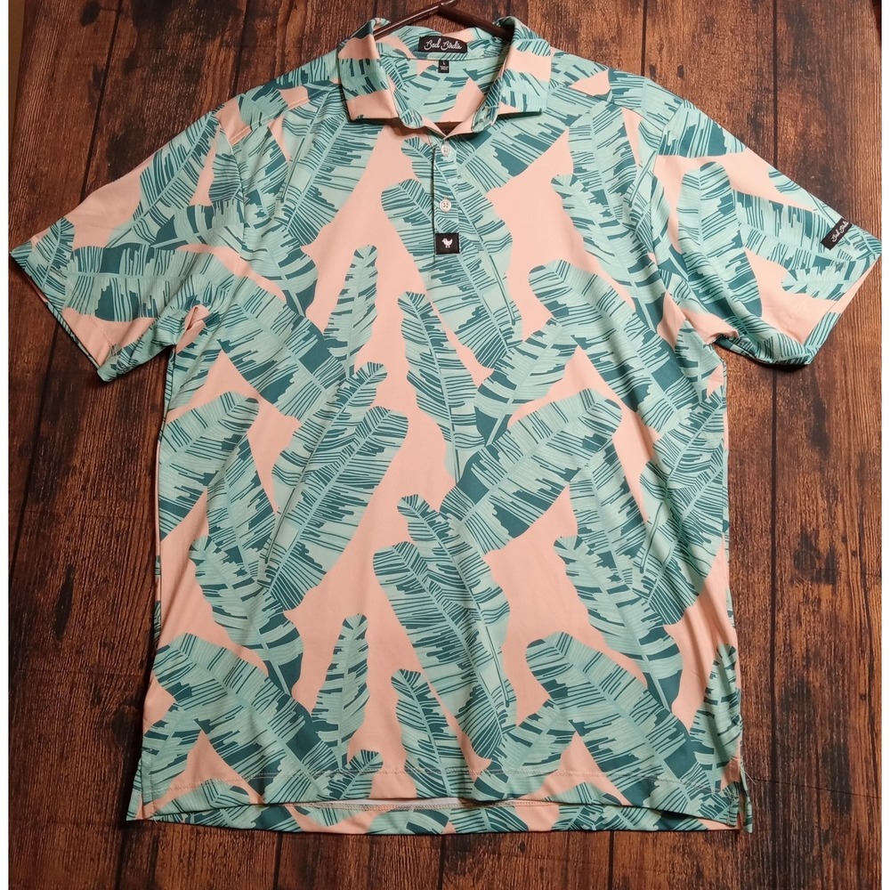 Bad Birdie Men's Golf Polo Short Sleeve Shirt Size Large Palm Leaf AOP